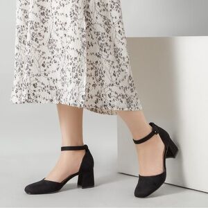 Greatonu Black Suede Block Heel Pumps Shoes Ankle Strap Size 10 Brand New